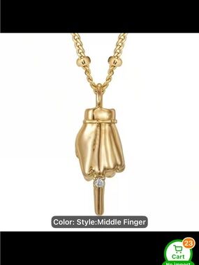 Gold Tone Middle Finger Pendant Necklace - Women's Statement Jewelry
